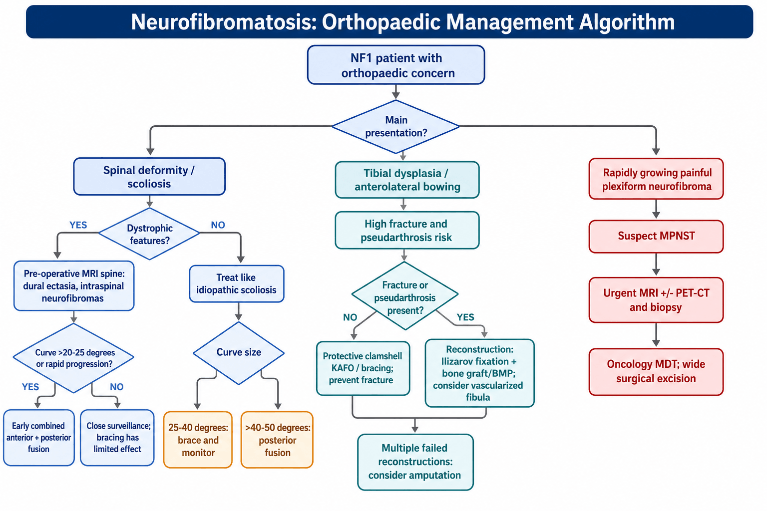 NF1 orthopaedic management algorithm with three branches: spinal deformity (dystrophic vs non-dystrophic), tibial dysplasia/pseudarthrosis, and rapidly growing plexiform neurofibroma / MPNST workup.