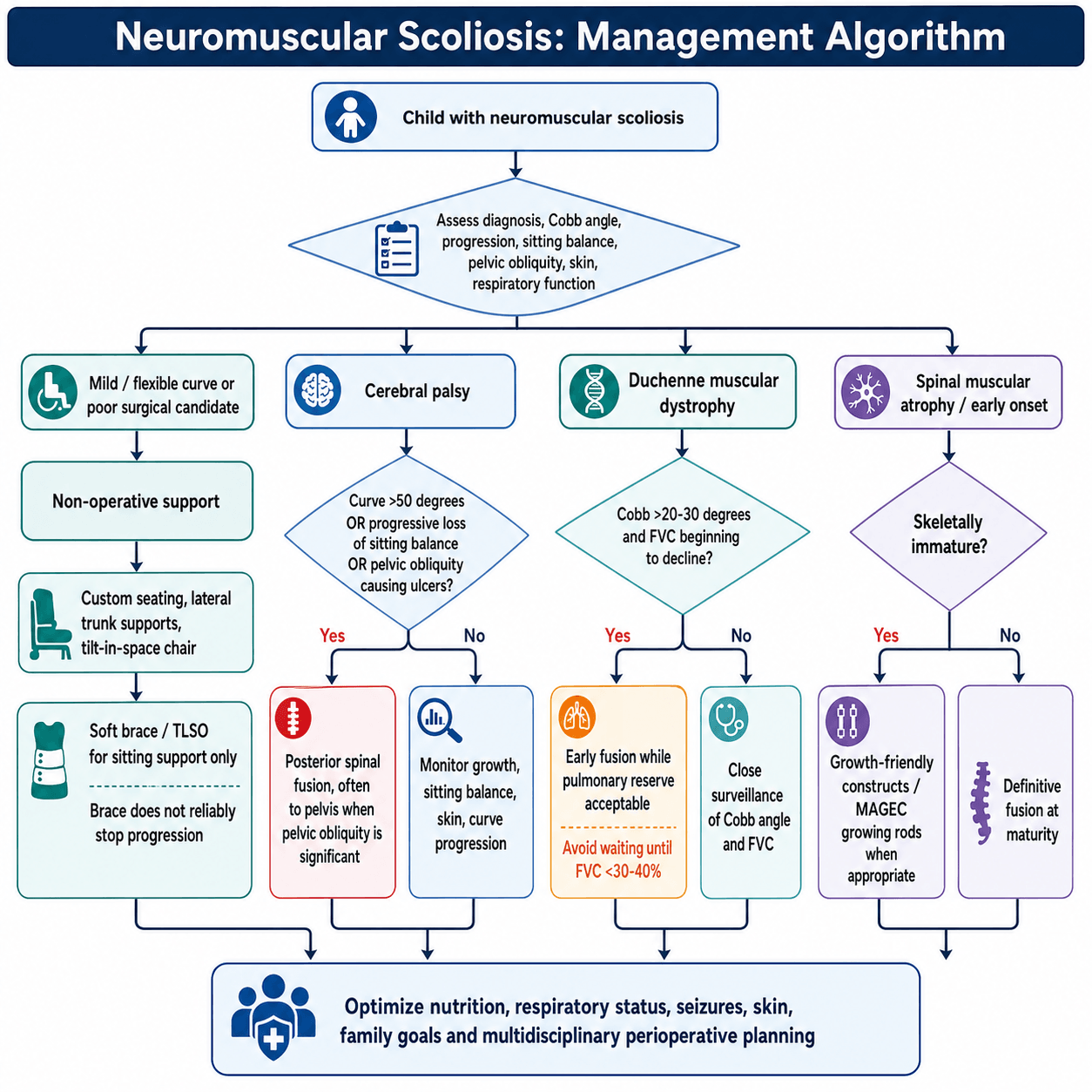 Management algorithm for neuromuscular scoliosis branching by diagnosis: non-operative support, cerebral palsy, Duchenne muscular dystrophy and spinal muscular atrophy pathways, over a base of multidisciplinary optimisation.