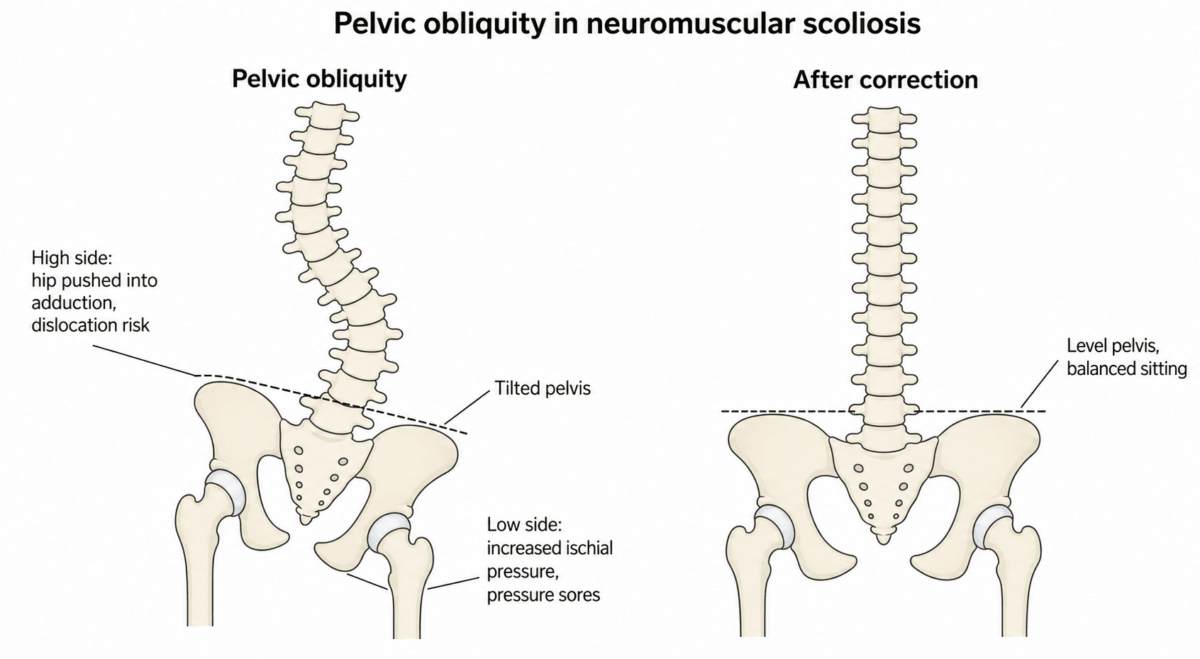 Two-panel posterior schematic of pelvic obliquity in neuromuscular scoliosis: a collapsing C-curve over a tilted pelvis (high side hip adduction/dislocation, low side ischial pressure) versus a corrected straight spine over a level pelvis.