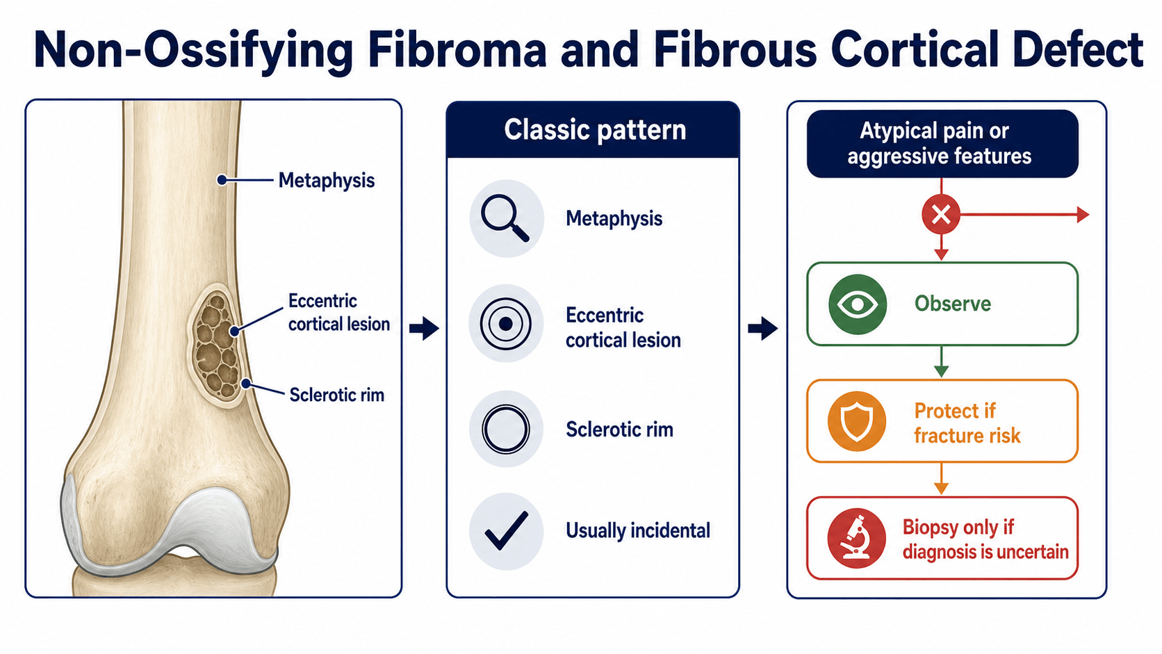 Non-ossifying fibroma and fibrous cortical defect overview diagram