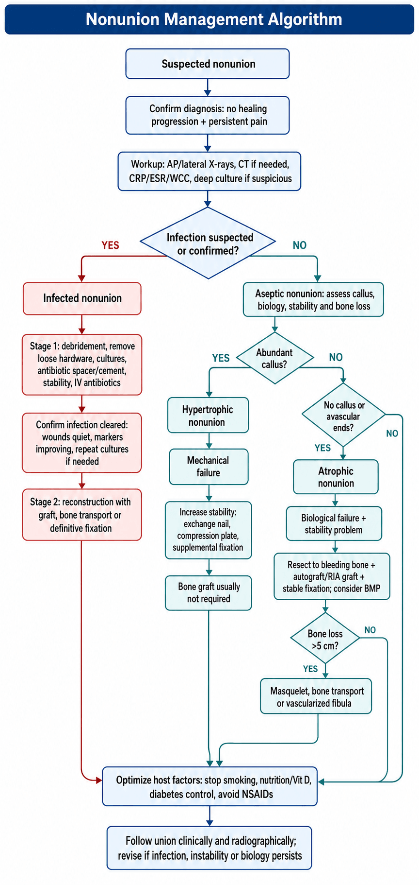 Nonunion management algorithm branching by infection status then, for aseptic nonunion, by callus/biology into hypertrophic (stability) versus atrophic (biology/graft) with a bone-loss pathway to Masquelet, transport or vascularised fibula.