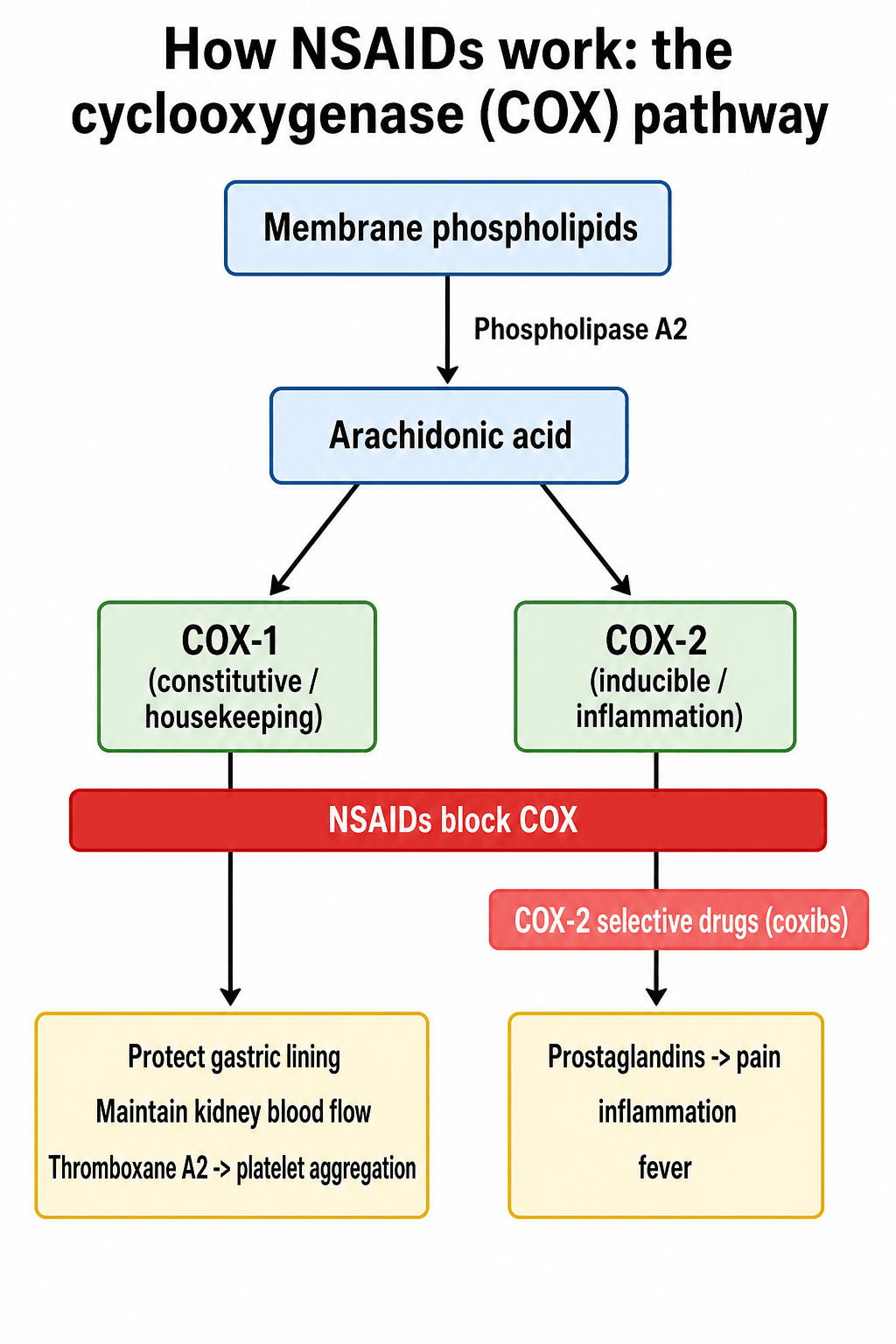 Flowchart of the cyclooxygenase pathway: membrane phospholipids to arachidonic acid via phospholipase A2, then COX-1 and COX-2 branches, with NSAIDs blocking COX