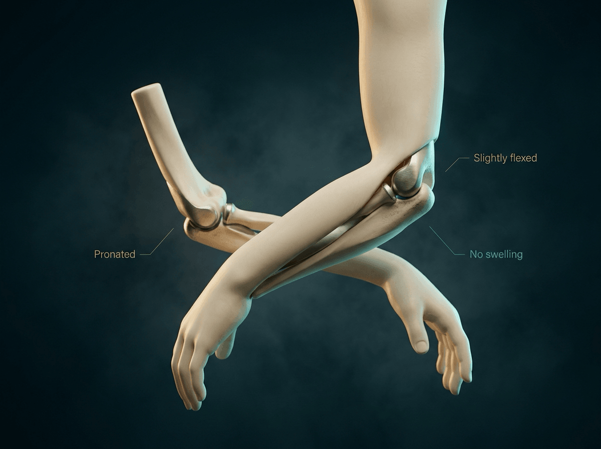 Ivory forearm held slightly flexed and pronated, with no swelling β the classic pulled-elbow posture.