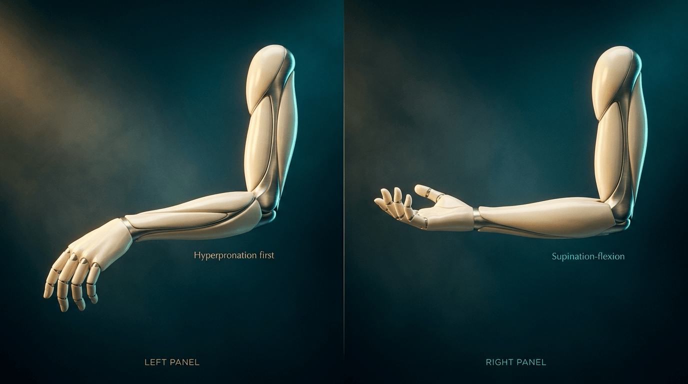 Two-panel ivory forearm: hyperpronation with the palm down at ninety degrees of elbow flexion, versus supination-flexion with the palm up and the elbow fully flexed.