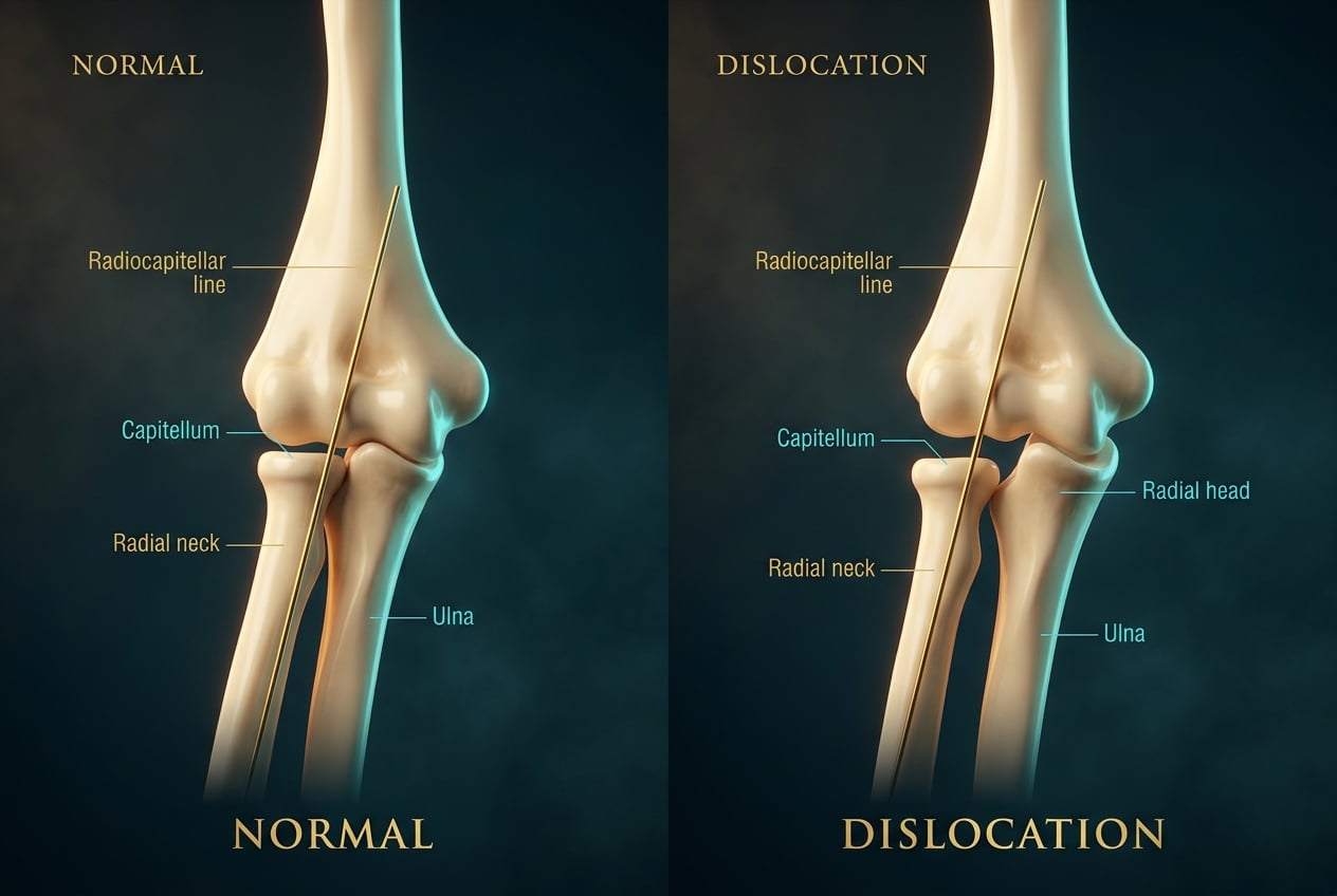 Two-panel ivory elbow: a gold radiocapitellar line through the capitellum when aligned, and missing it when the radial head is dislocated.