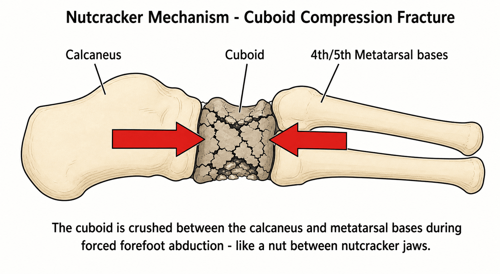 Schematic diagram of the nutcracker mechanism showing the cuboid crushed between the calcaneus and the bases of the 4th and 5th metatarsals