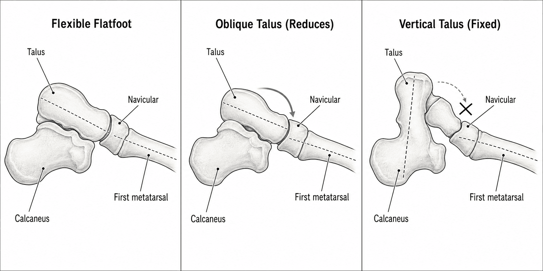 Talonavicular reducibility spectrum: flexible flatfoot, oblique talus reducing, and fixed vertical talus
