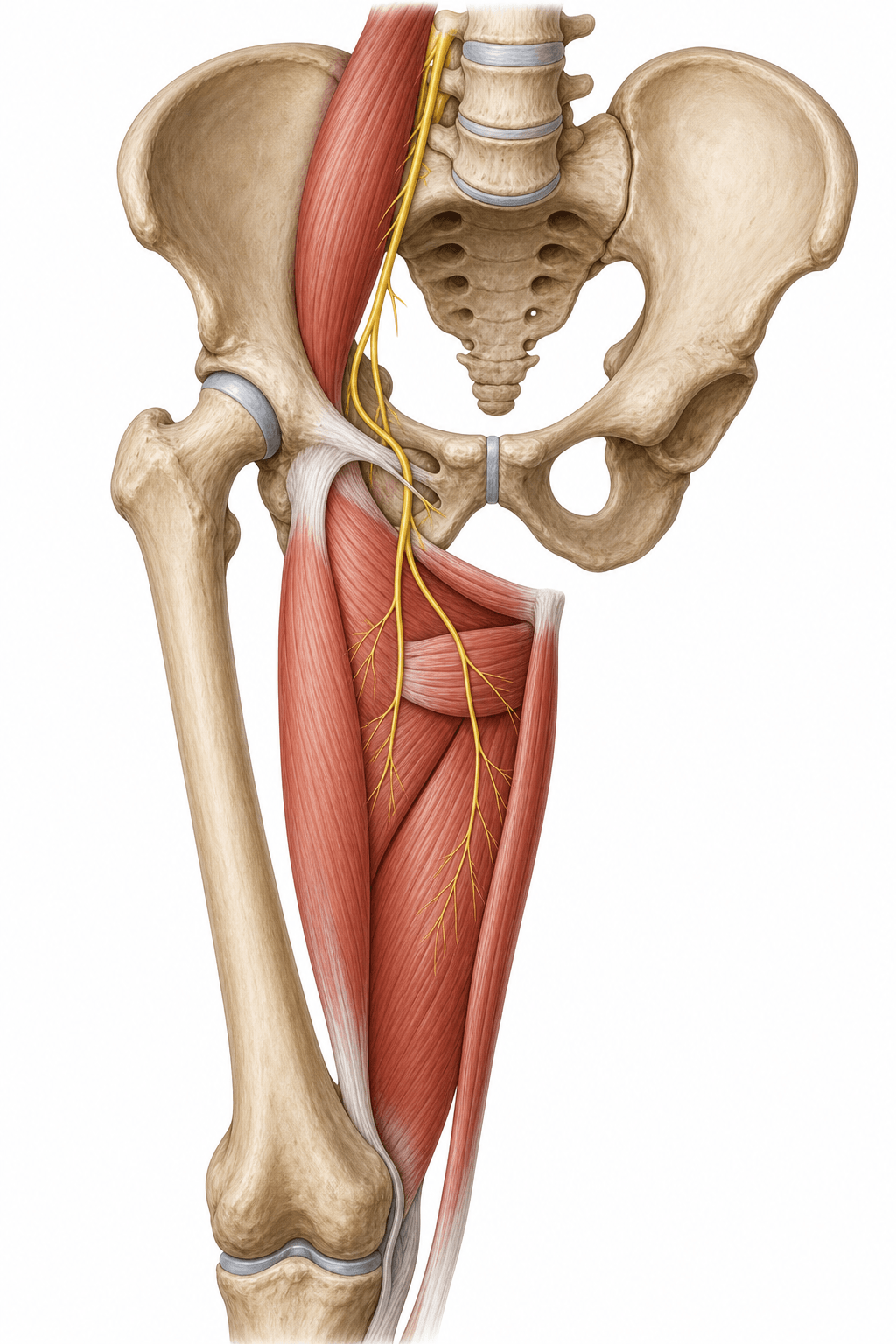 Anatomical illustration of the obturator nerve descending along the pelvic wall through the obturator canal to the adductor muscles of the medial thigh.