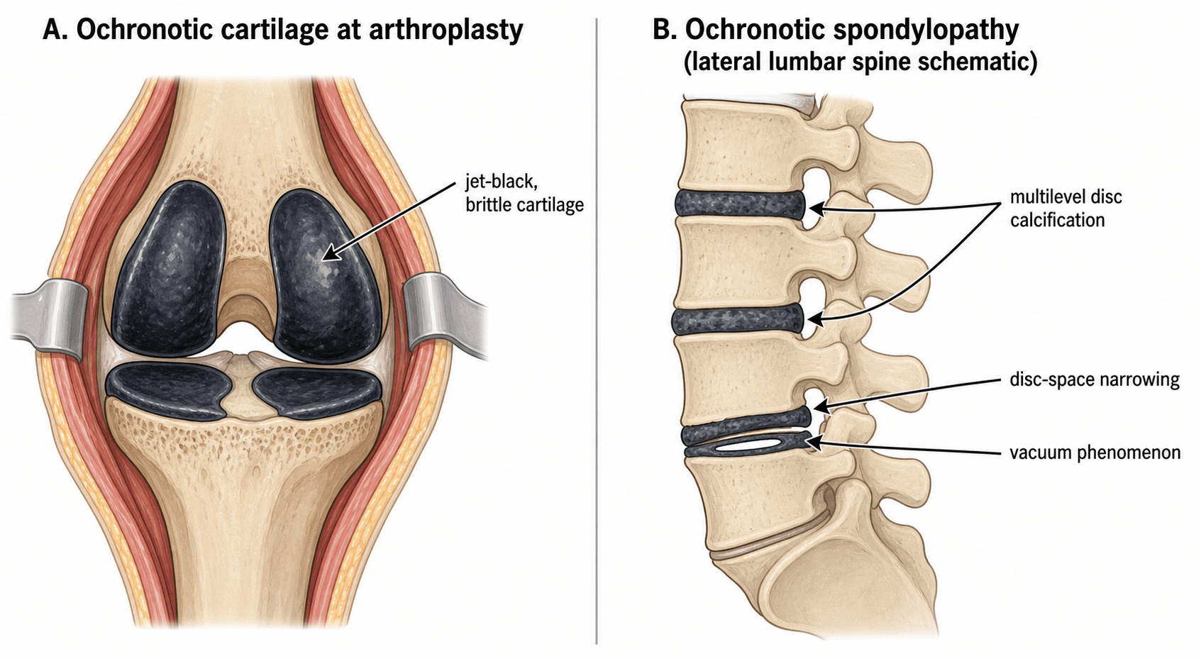 Two-panel diagram: jet-black ochronotic cartilage at arthroplasty, and a lateral lumbar spine schematic showing multilevel disc calcification, disc-space narrowing and the vacuum phenomenon