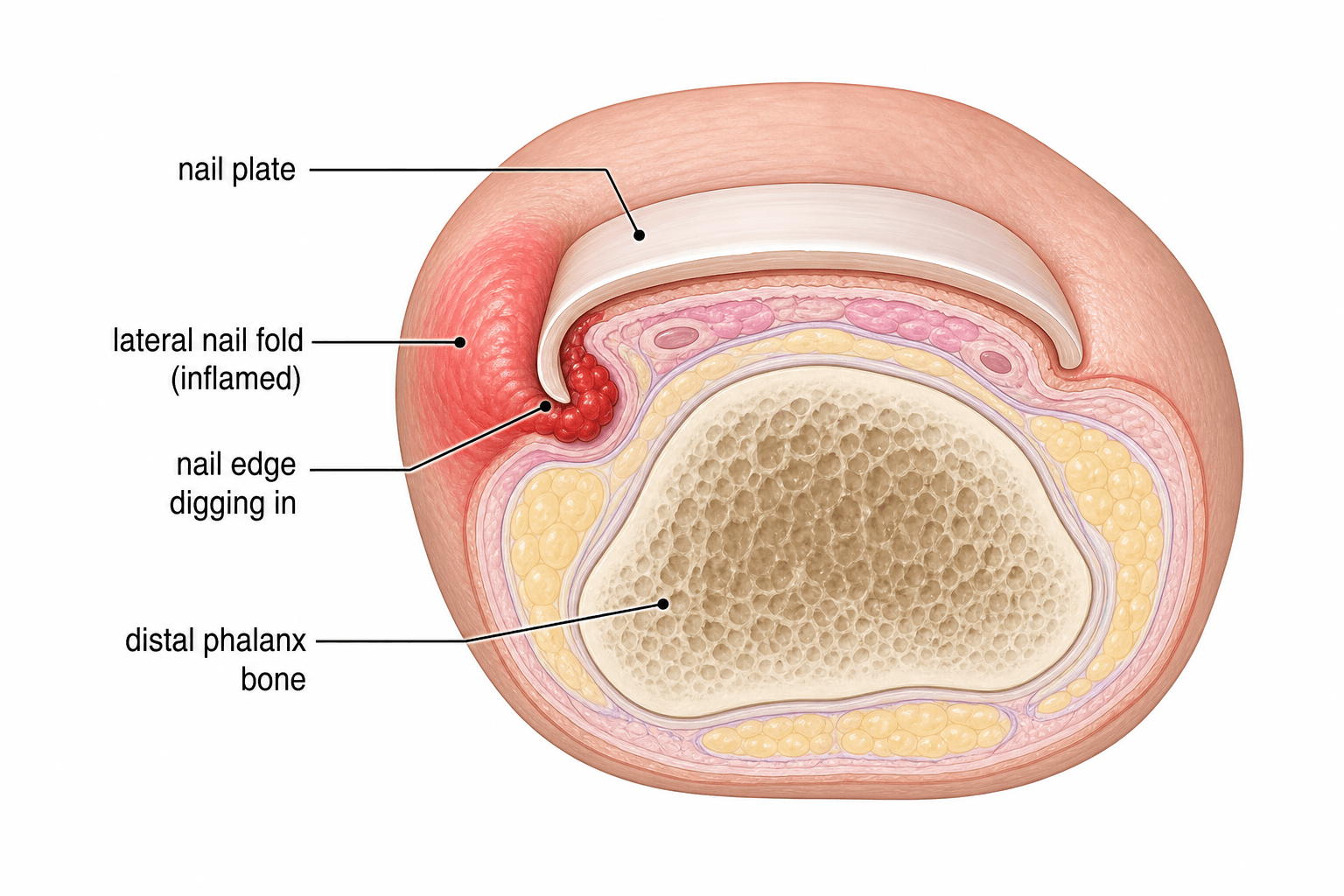 Cross-section of the great toe tip showing the nail plate edge digging into an inflamed lateral nail fold over the distal phalanx