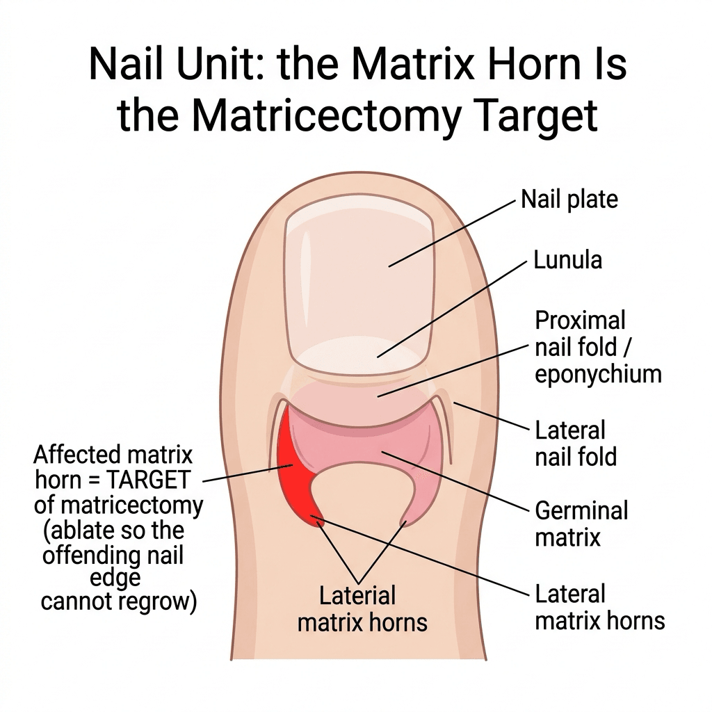 Top-down diagram of the great toe nail unit with the proximal nail plate cut away to show the germinal matrix and its lateral matrix horns, one shaded red as the matricectomy target