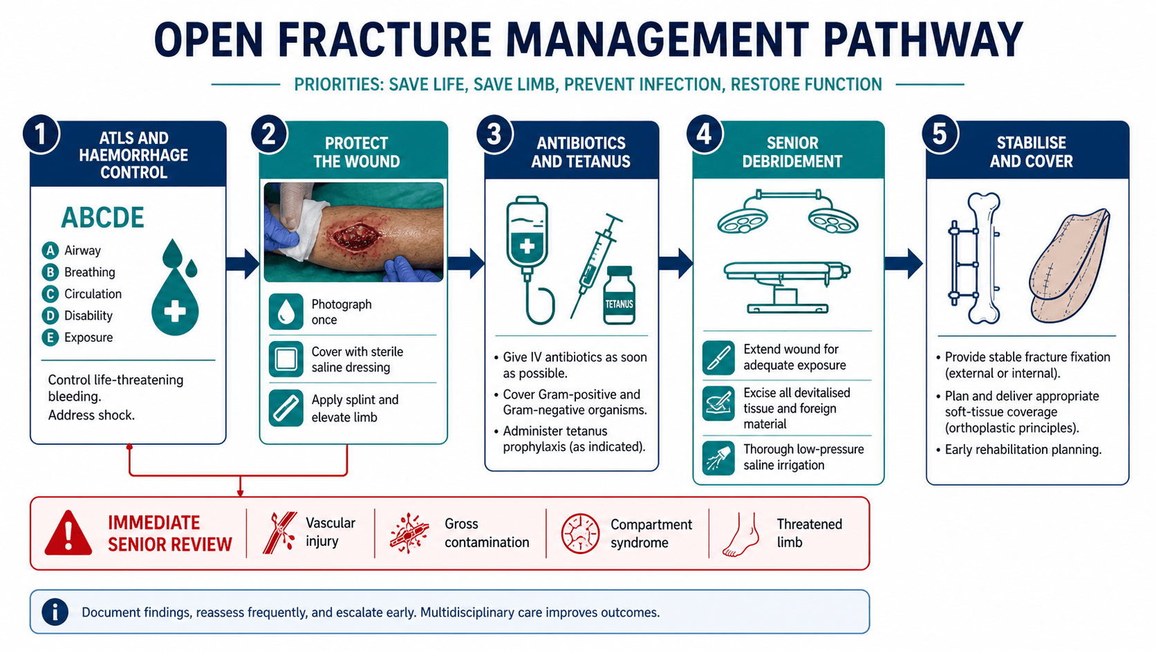 Open fracture management pathway showing ATLS, wound protection, antibiotics, debridement, fixation and coverage