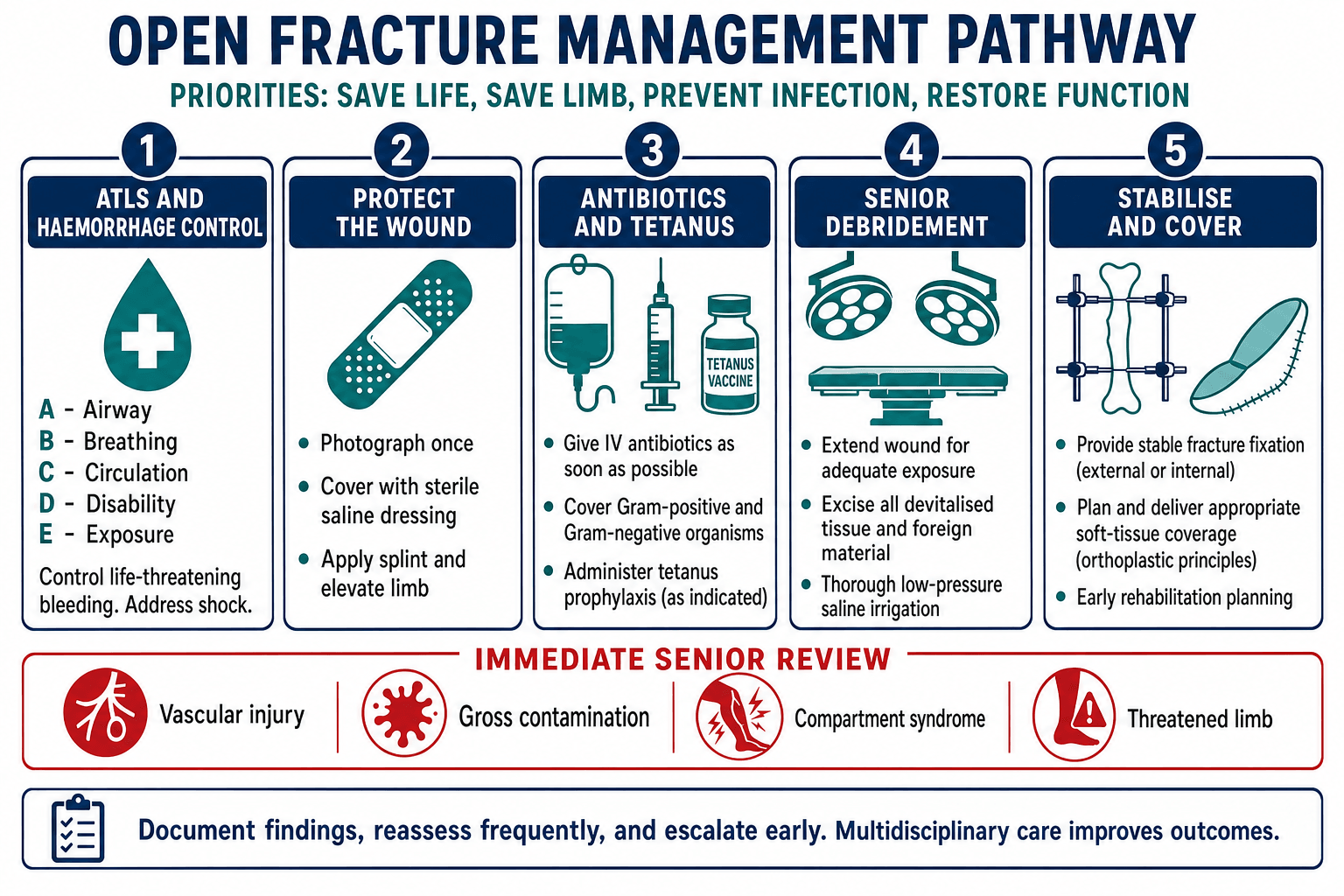 Open fracture management pathway showing ATLS, wound protection, antibiotics, debridement, fixation and coverage