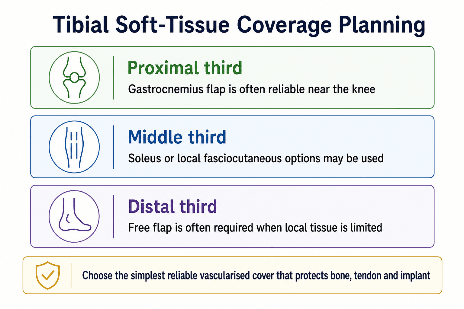 Tibial soft tissue coverage planning by proximal, middle and distal third