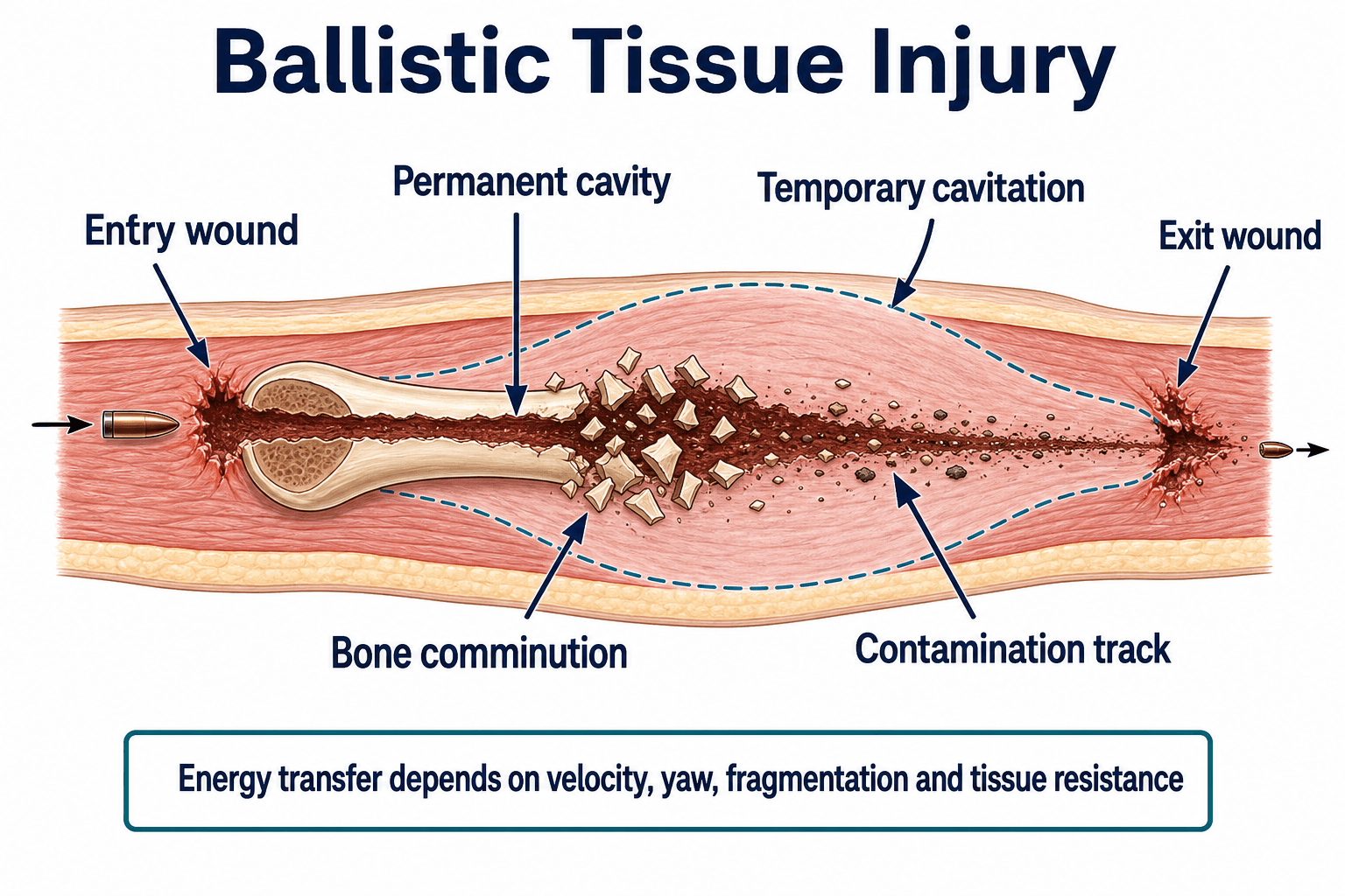 Ballistic tissue injury schematic showing entry wound, permanent cavity, temporary cavitation, bone comminution, contamination track and exit wound