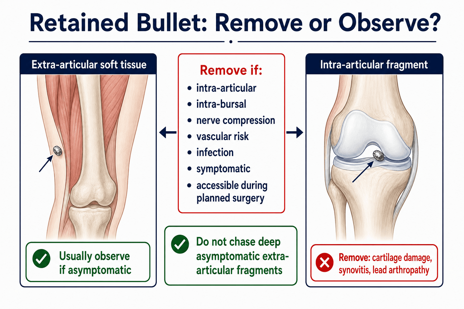 Retained bullet decision diagram showing extra-articular observation and intra-articular removal indications