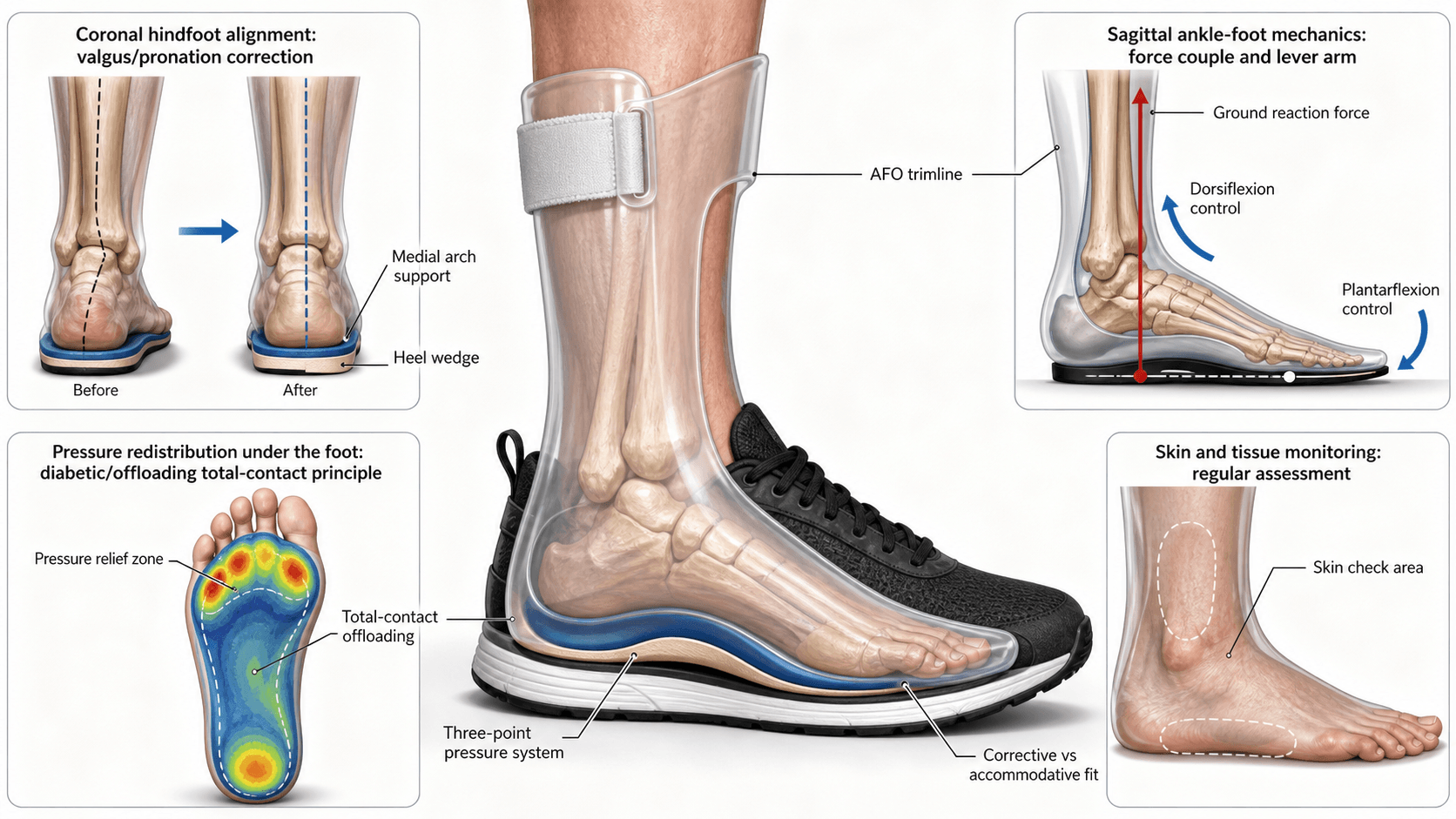 Labelled schematic of ankle-foot orthosis biomechanics and interface principles