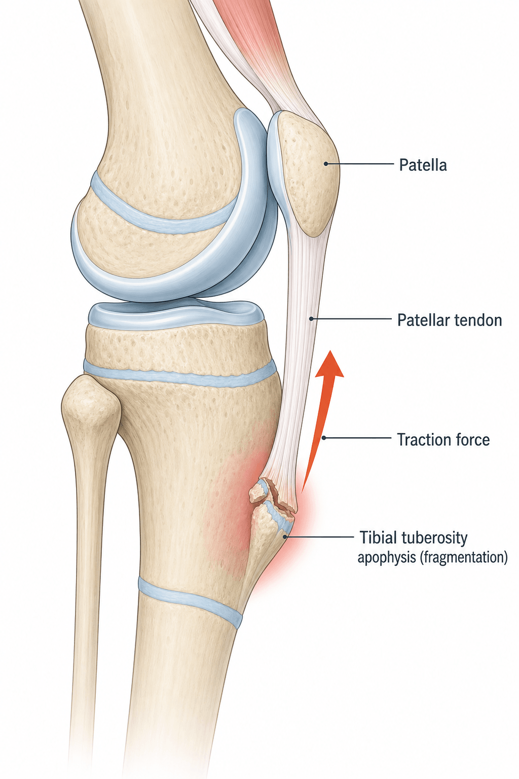 Lateral schematic of a skeletally immature knee showing Osgood-Schlatter disease: repetitive patellar tendon traction on the tibial tuberosity apophysis causing fragmentation and local swelling.