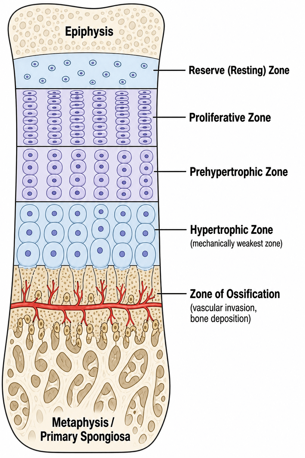 Labelled schematic of the five zones of the growth plate from epiphysis to metaphysis
