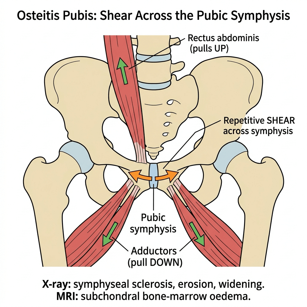 Anterior pelvis diagram showing rectus abdominis pulling up and the adductors pulling down at the pubis, producing repetitive shear across the pubic symphysis