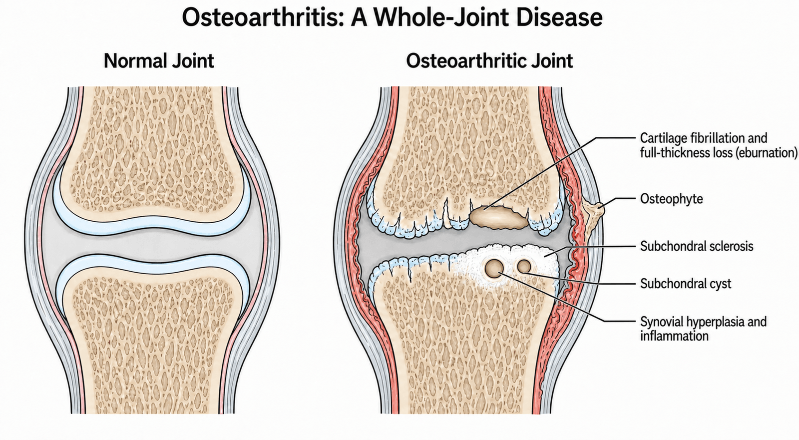 Schematic comparing a normal joint with an osteoarthritic joint, showing cartilage fibrillation and full-thickness loss, an osteophyte, subchondral sclerosis, a subchondral cyst, and synovial hyperplasia