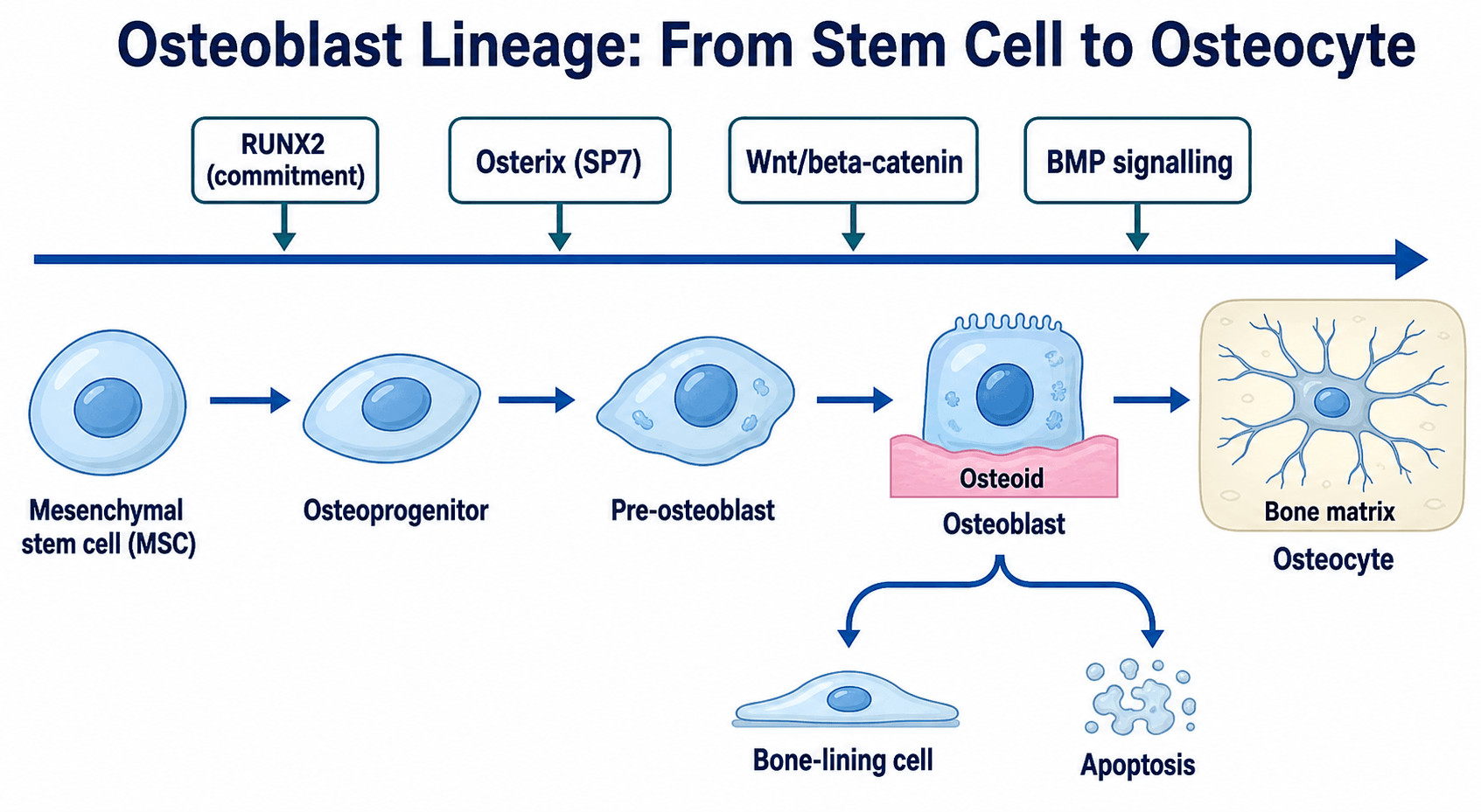 Diagram of the osteoblast lineage from mesenchymal stem cell through osteoprogenitor, pre-osteoblast and osteoblast to osteocyte, with the driving transcription factors.