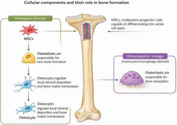 Diagram of the osteogenic lineage from mesenchymal stem cell to osteoblast to osteocyte alongside the haematopoietic lineage giving rise to osteoclasts, mapped onto a long bone