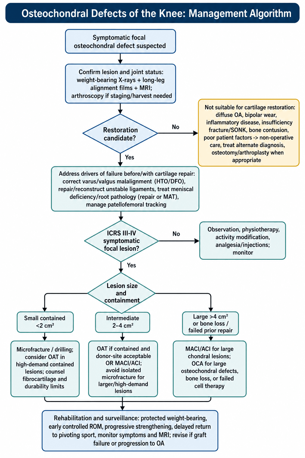Management algorithm for osteochondral defects of the knee: restoration-candidate screening, addressing alignment/ligament/meniscal drivers, and size-and-containment-based technique selection.
