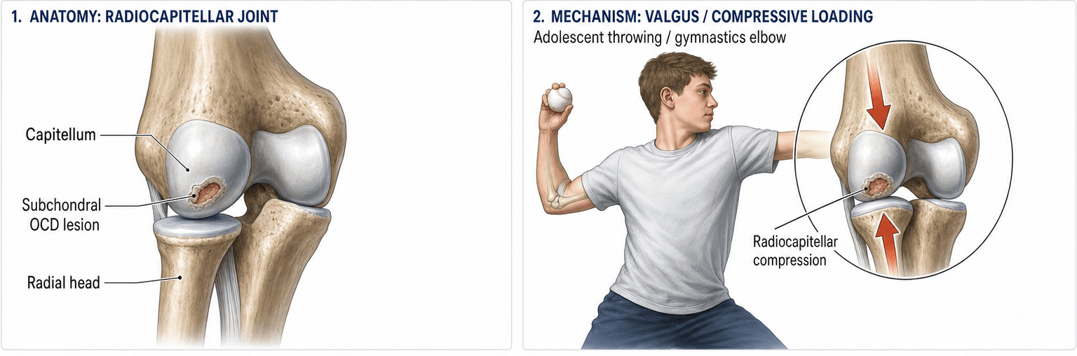 Two-panel illustration: coronal anatomy of the radiocapitellar joint with a subchondral capitellar OCD lesion, and the valgus/compressive throwing mechanism that produces it.