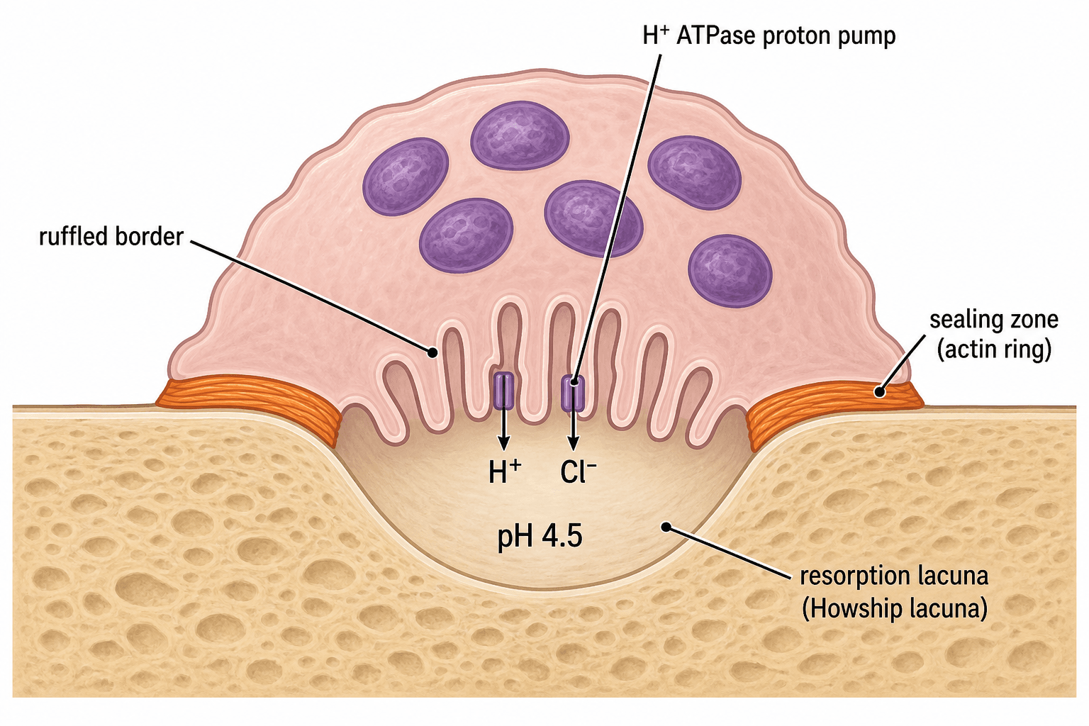 Labelled schematic of an osteoclast resorbing bone, showing the ruffled border, sealing zone, and resorption lacuna