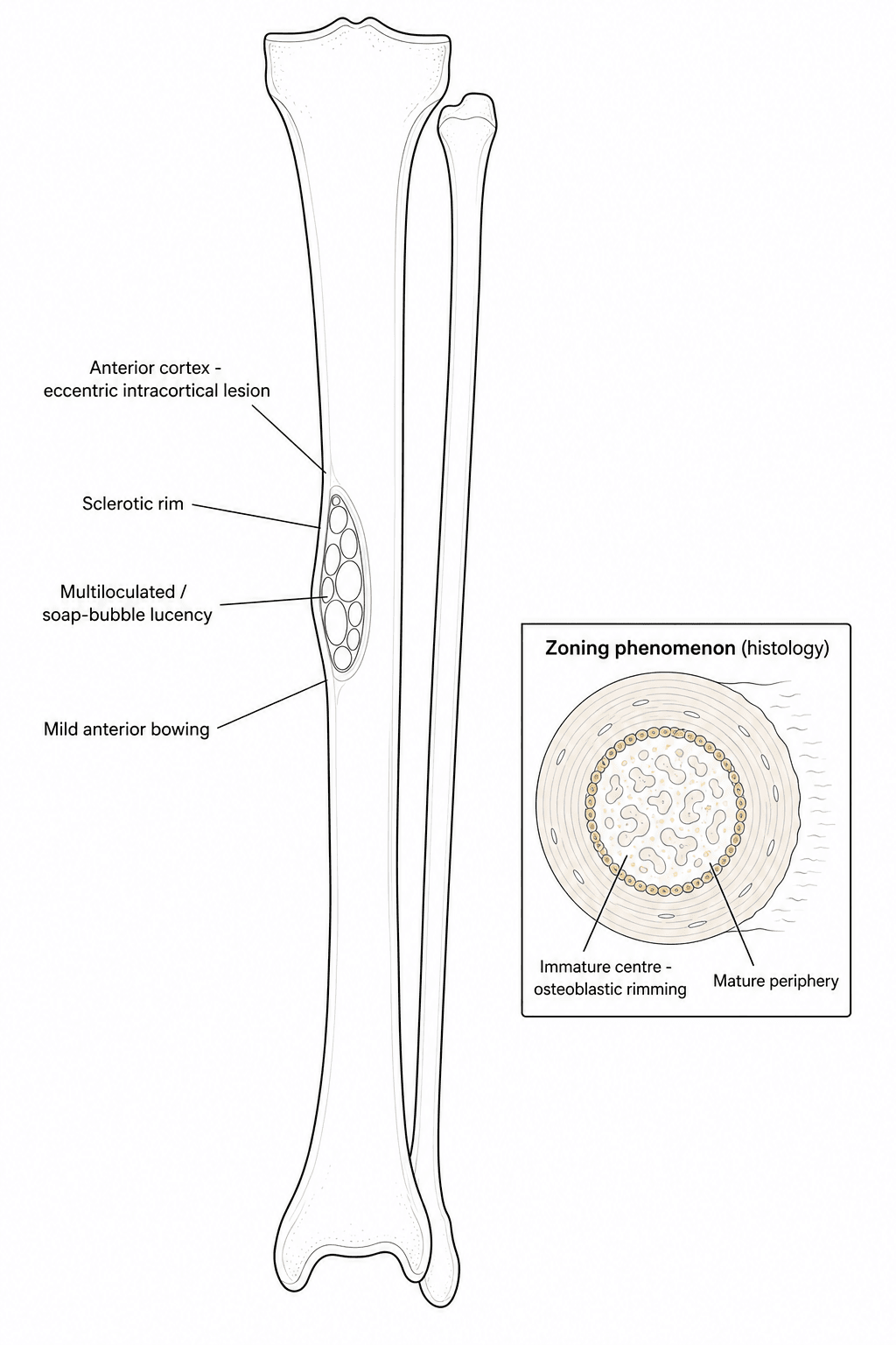 Schematic diagram of the classic radiographic appearance of osteofibrous dysplasia and the histological zoning phenomenon