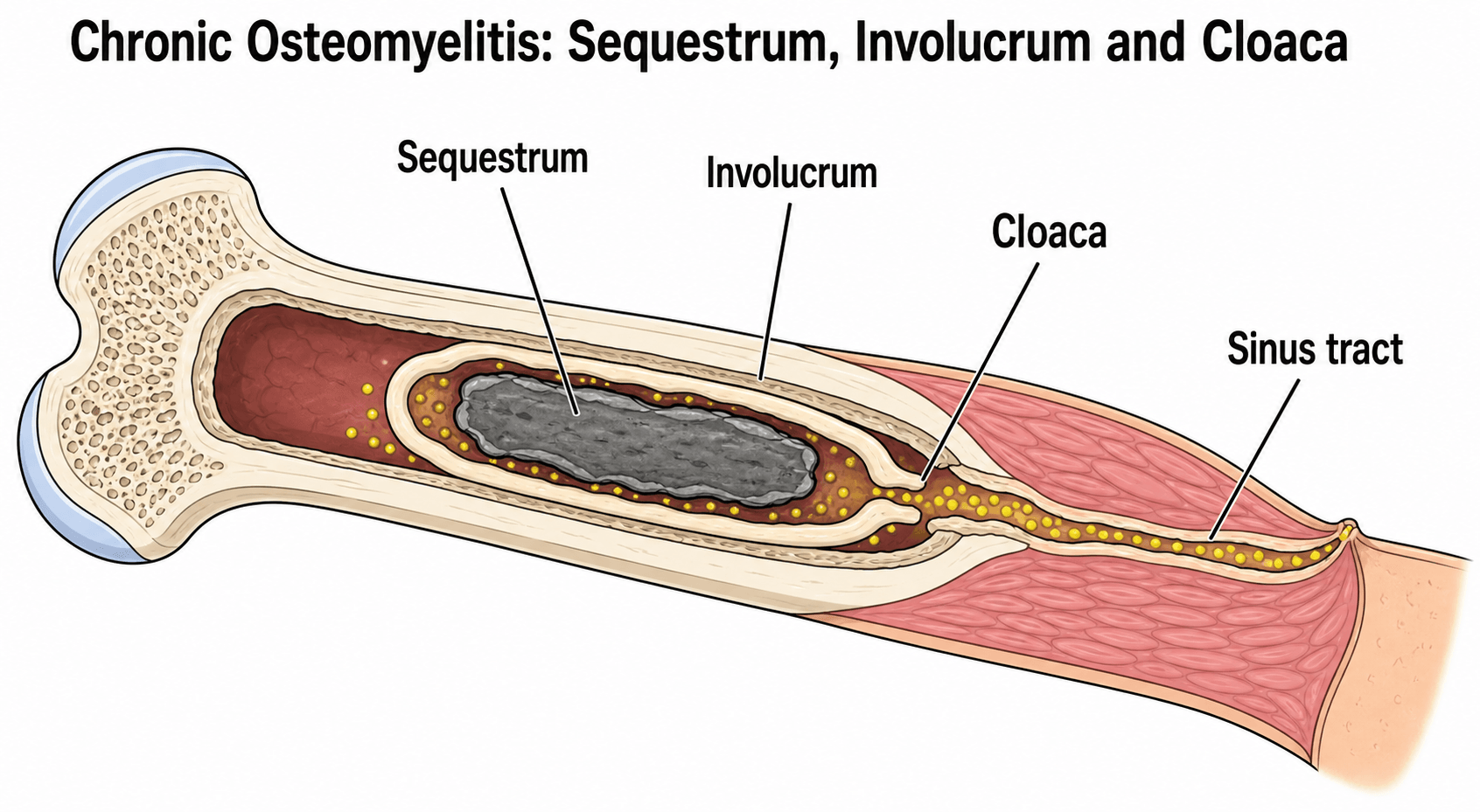 Cut-away long bone diagram of chronic osteomyelitis showing a dead-bone sequestrum, the surrounding new-bone involucrum, a cloaca opening, and a draining sinus tract.