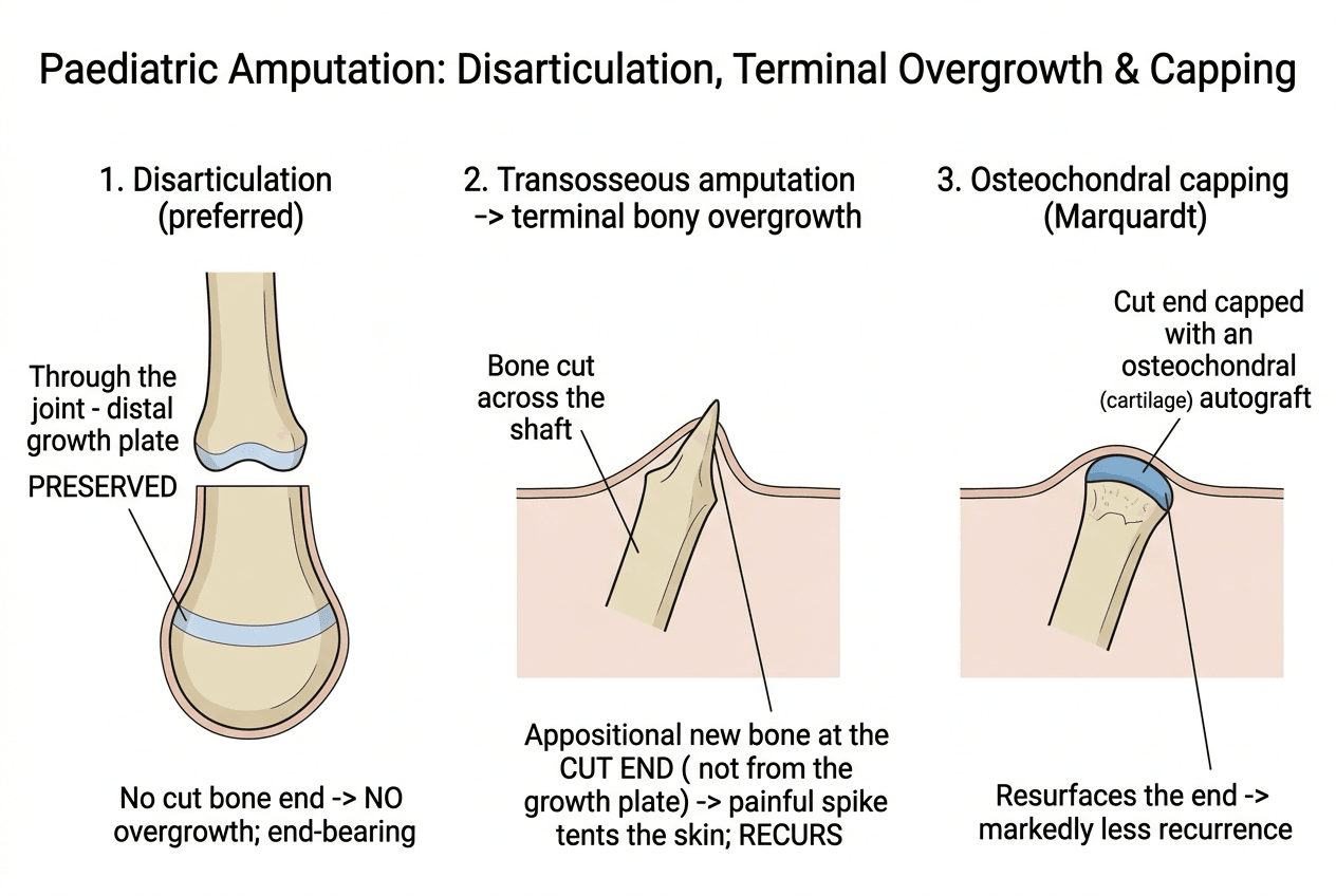 Three-panel diagram of paediatric amputation: disarticulation preserving the distal growth plate, a transosseous stump developing terminal bony overgrowth at the cut end, and osteochondral capping of the cut end