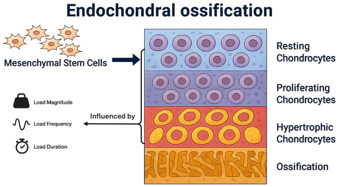 Diagram of resting, proliferating and hypertrophic growth-plate zones progressing to ossification