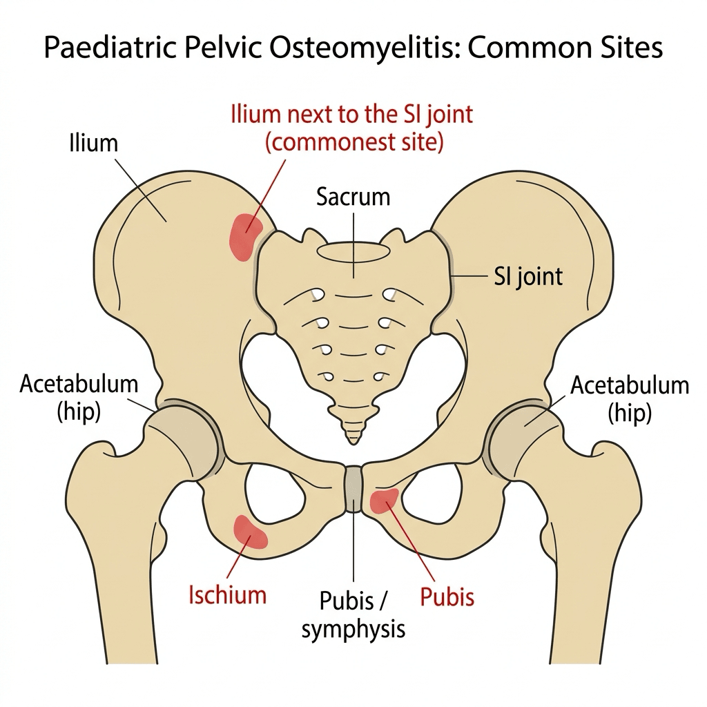 Anterior diagram of a child pelvis marking the common sites of paediatric pelvic osteomyelitis: the ilium next to the sacroiliac joint (commonest), the ischium and the pubis