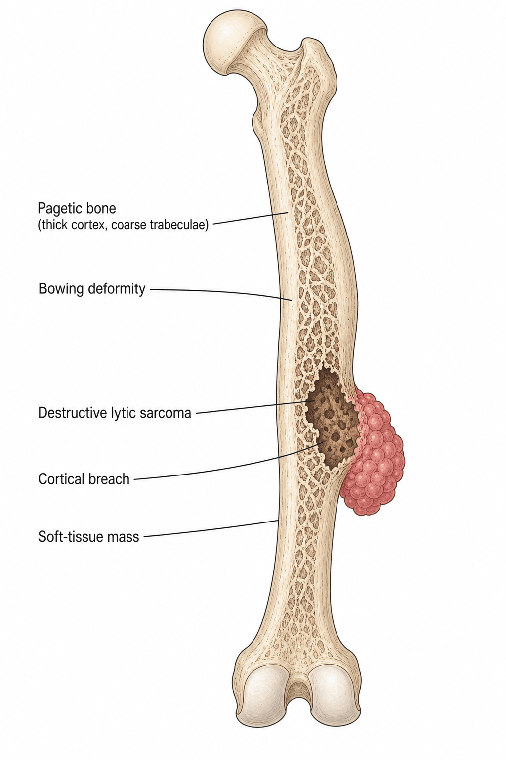 Coronal cut-away diagram of a femur with Paget disease undergoing sarcomatous transformation: a destructive lytic lesion breaching the cortex with a soft-tissue mass within pagetic bone.