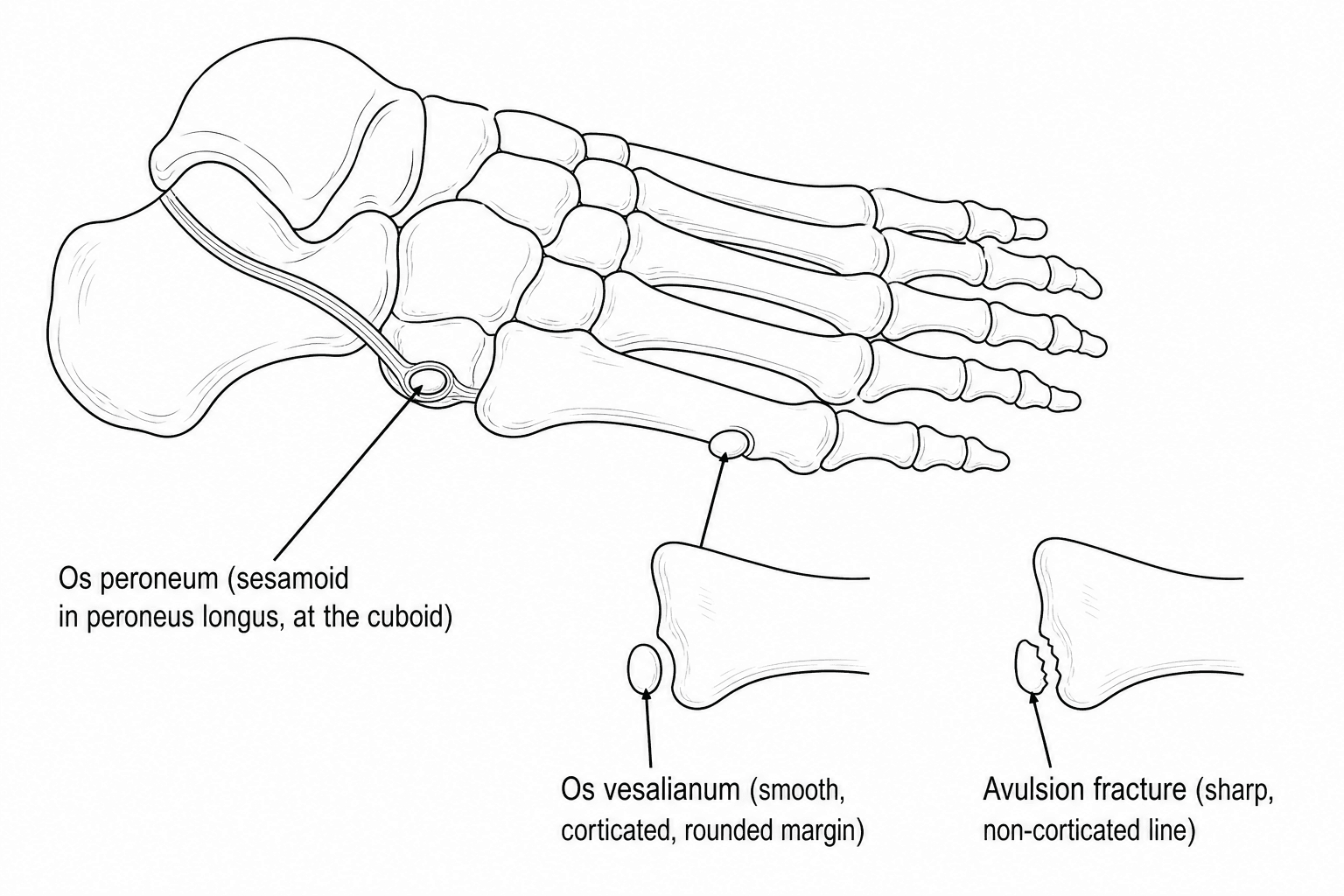 Diagram of the foot skeleton showing the os peroneum within the peroneus longus tendon at the cuboid, and a comparison of the os vesalianum with a fifth-metatarsal-base avulsion fracture