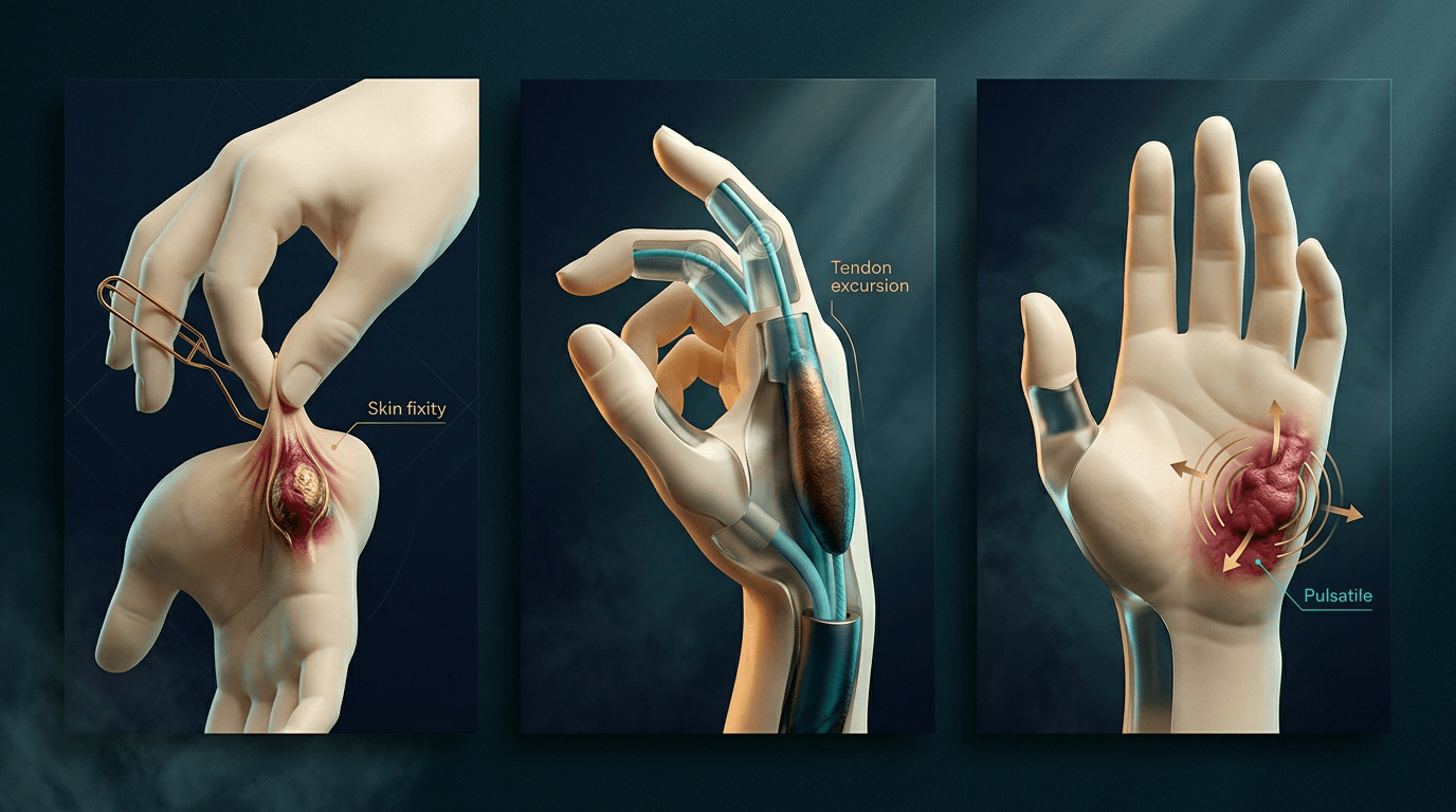 Three-panel schematic labelled Skin fixity, Tendon excursion and Pulsatile, showing a palmar nodule pinned to skin, travelling with a flexor tendon, and an expansile hypothenar pulse.