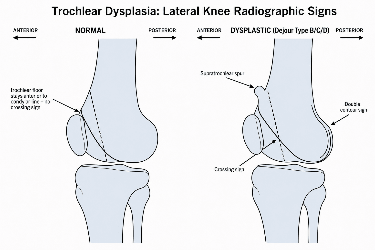 Schematic of the crossing sign, supratrochlear spur and double contour sign on a lateral knee view