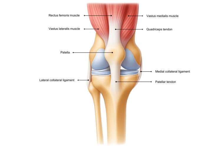 Anterior knee anatomy showing the quadriceps tendon, patella, patellar tendon and collateral ligaments.