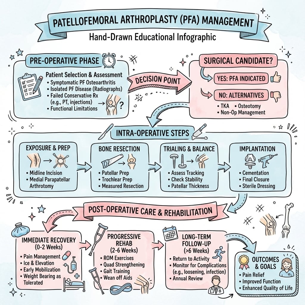 Patellofemoral arthroplasty treatment algorithm showing candidacy assessment, contraindications, and implant options