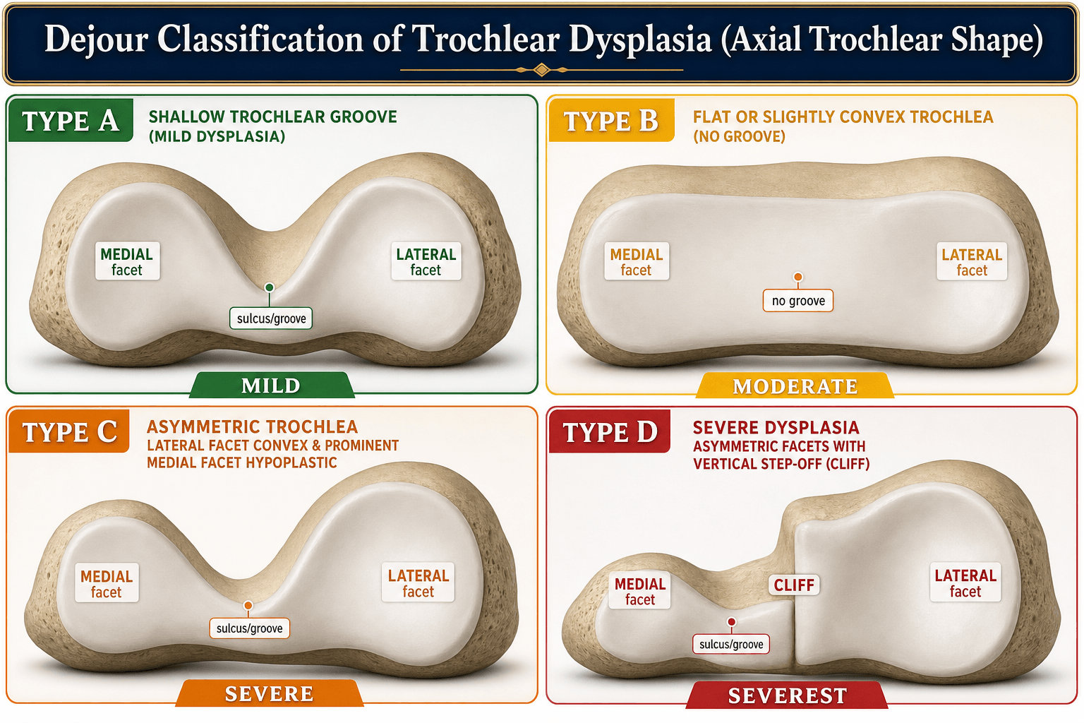 Dejour classification of trochlear dysplasia (axial trochlear shape)