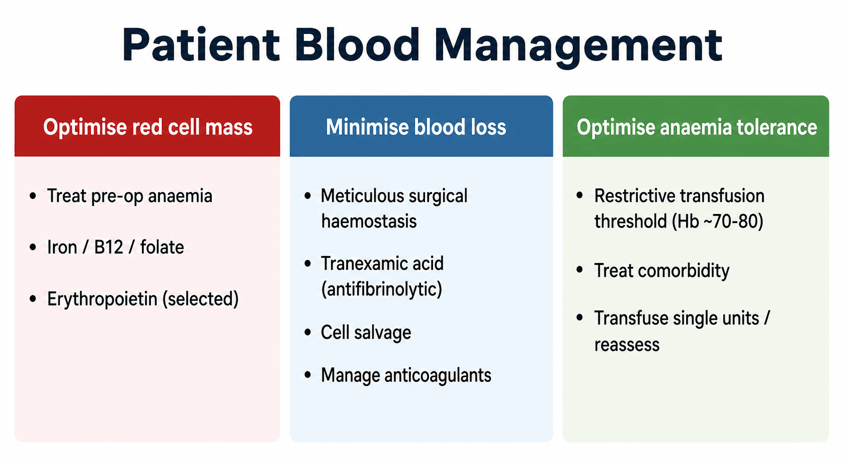 Infographic of the three pillars of patient blood management: optimise red cell mass, minimise blood loss, optimise anaemia tolerance