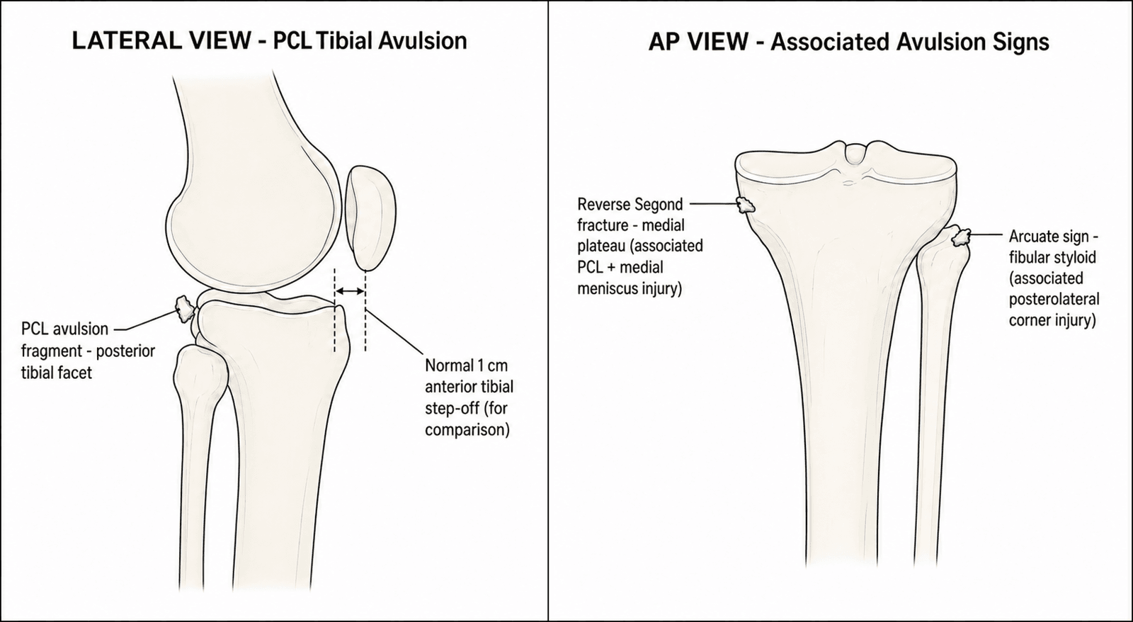 Schematic diagram of PCL tibial avulsion on a lateral knee view and the associated reverse Segond and arcuate sign avulsion flecks on an AP view