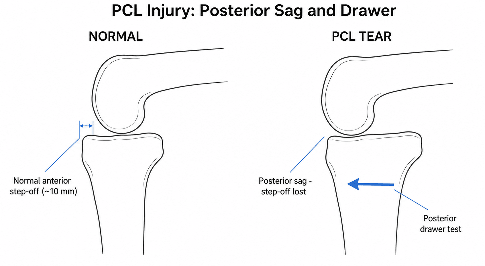 Lateral knee schematic comparing the normal anterior tibial step-off with the posterior sag and posterior drawer of a PCL-deficient knee.