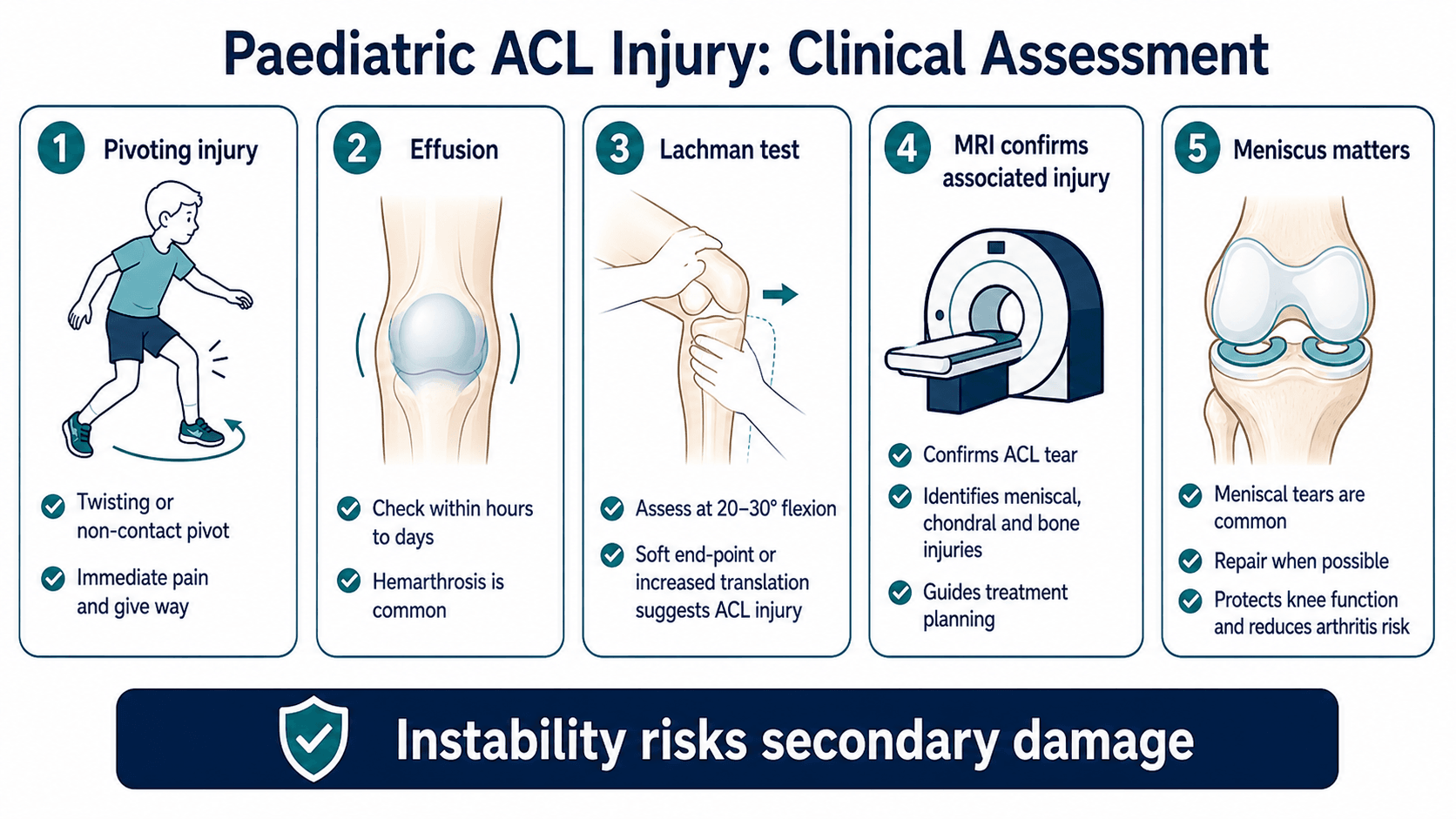 Paediatric ACL clinical assessment diagram showing pivoting injury, effusion, Lachman test, MRI confirmation and meniscus importance