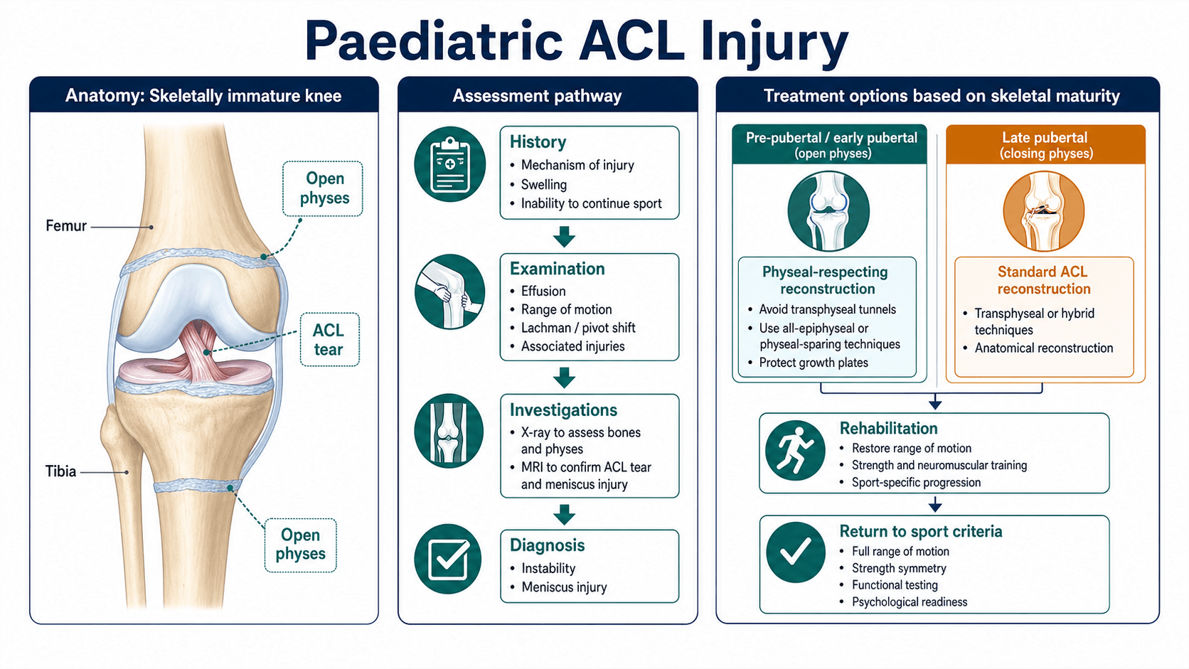 Paediatric ACL injury overview diagram showing open physes, ACL injury, assessment pathway and maturity-based treatment options