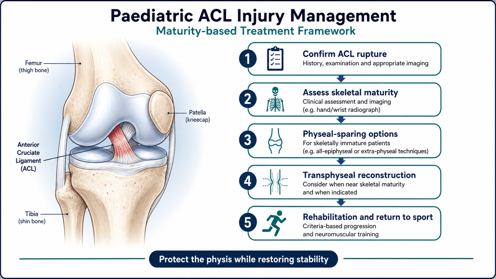 Paediatric ACL injury skeletal maturity pathway showing ACL rupture confirmation, skeletal maturity assessment, physeal-sparing options, transphyseal reconstruction and rehabilitation