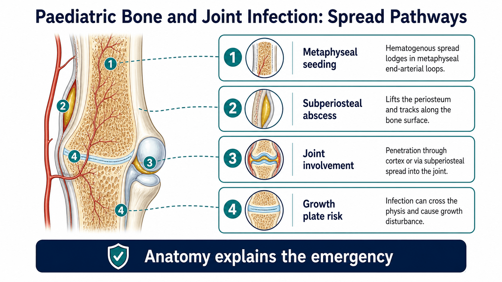 Paediatric bone and joint infection spread diagram showing metaphyseal seeding, subperiosteal abscess, joint involvement and growth plate risk