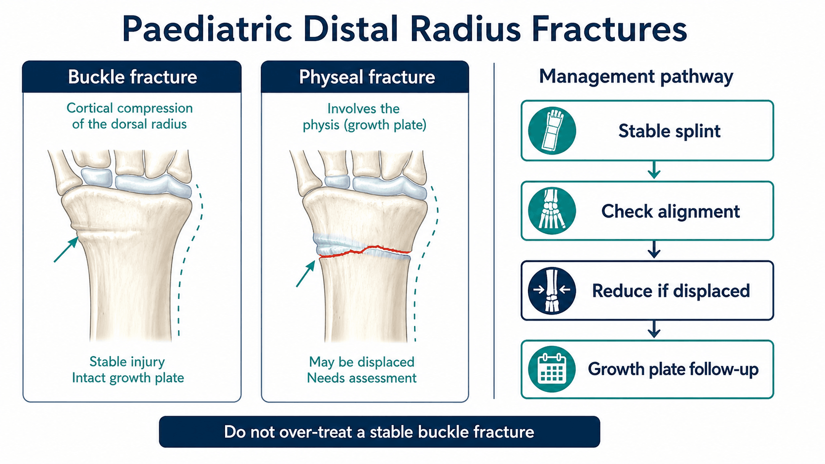 Paediatric distal radius fracture pathway comparing buckle fracture, physeal fracture, stable splint, alignment check, reduction and growth plate follow-up